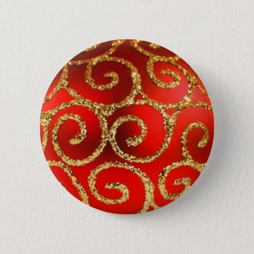 Red Patterned Christmas Bauble on Bokeh Background Button