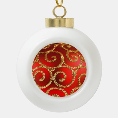 Red Patterned Christmas Bauble on Bokeh Background Ceramic Ball Christmas Ornament