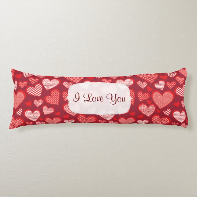 Red Patterned I love you Hearts Body Pillow (Front)