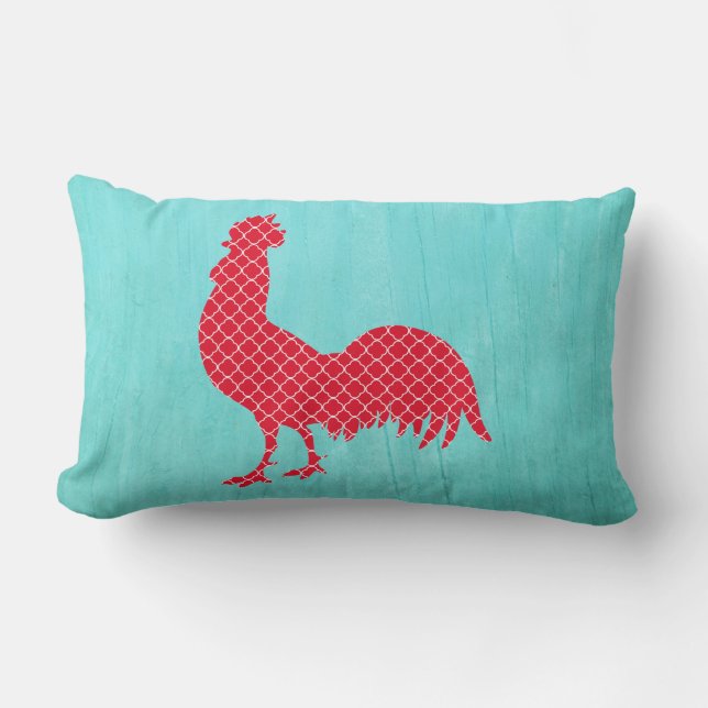 Red Patterned Rooster Silhouette Lumbar Pillow (Front)