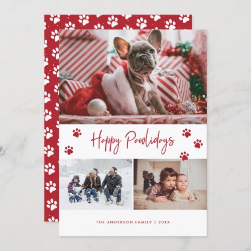 Red Paw Print 3 Photo Collage Happy Pawlidays Pet Holiday Card