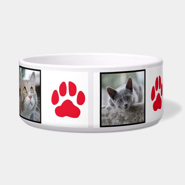 Red Paw Print and Five Image Pet Cat Photo Collage Bowl (Back)