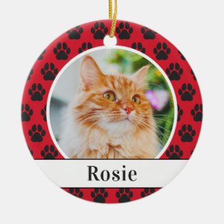 Red Paw Print Pet Cat Holiday Photo Monogram Ceramic Ornament