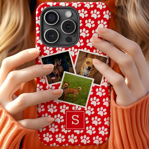 Red Paw Print Pet Photo Collage Monogram initial iPhone 15 Case