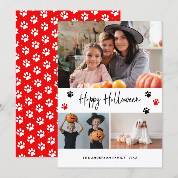 Red Paw Print Pet Photo Happy Halloween Card