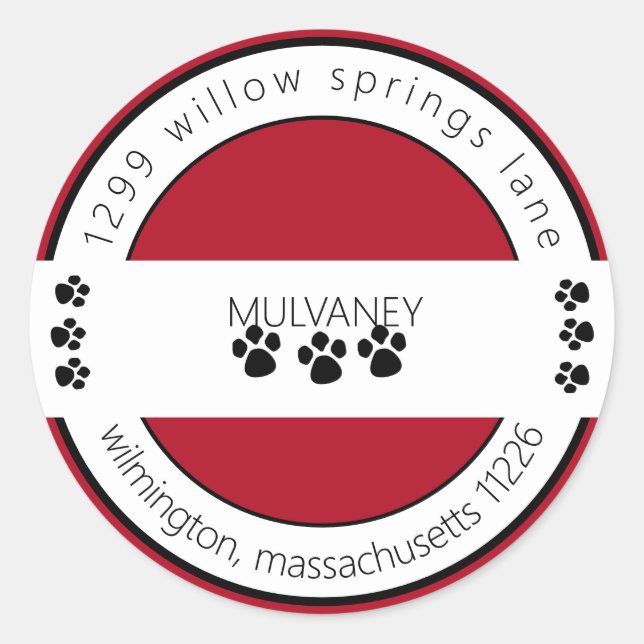 Red Paw Print Return Address Classic Round Sticker (Front)
