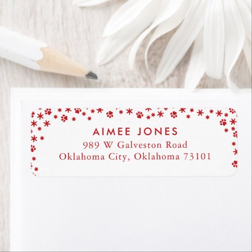 Red Paw Prints and Snowflakes Return Address Label
