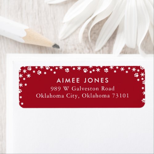 Red Paw Prints and Snowflakes Return Address Label