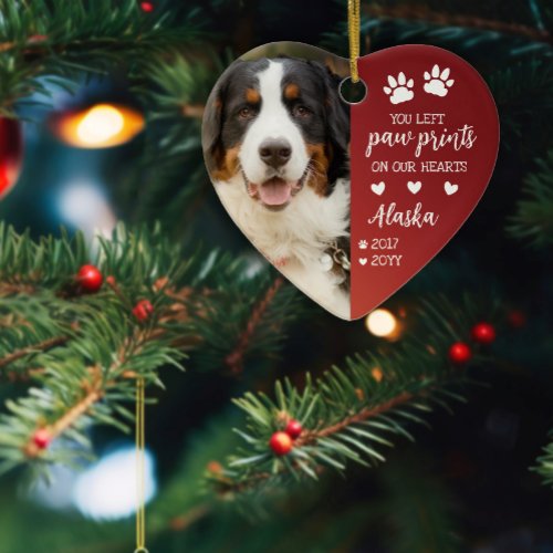 Red Paw Prints On Our Hearts Pet Photo Ceramic Ornament