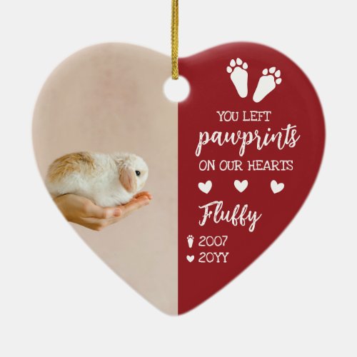 Red Pawprints On Our Hearts Pet Rabbit Photo Ceramic Ornament