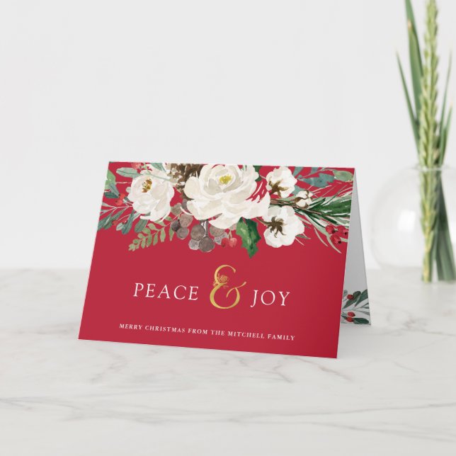Red Peace and Joy | Floral Merry Christmas Holiday Card (Front)