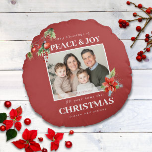 Red Peace and Joy Photo Christmas Round Pillow