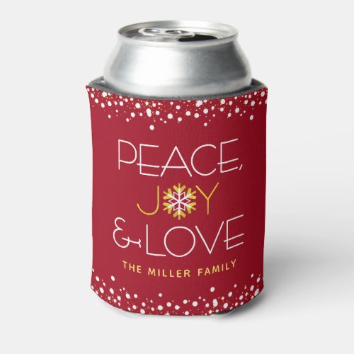 Red Peace Joy Love Christmas Bold Modern Snowflake Can Cooler