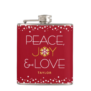 Red Peace Joy Love Christmas Bold Modern Snowflake Flask
