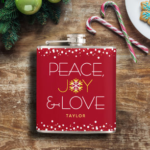 Red Peace Joy Love Christmas Bold Modern Snowflake Flask