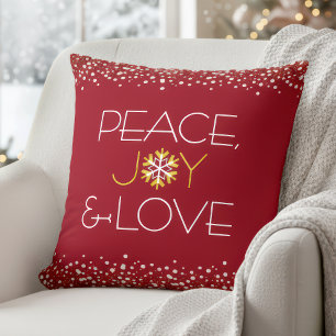 Red Peace Joy Love Holiday Snowflake Bold Modern Throw Pillow