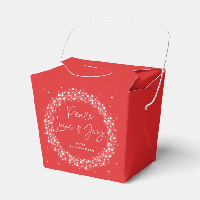 Red Peace Love+Joy Christmas Sparkling Lights Favor Boxes (Front Side)