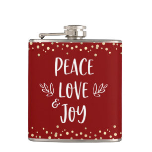 Red Peace Love Joy Modern Typography Gold Confetti Flask