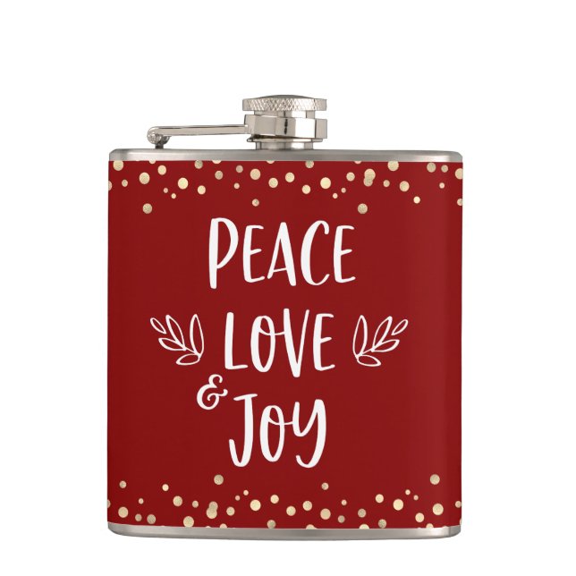 Red Peace Love Joy Modern Typography Gold Confetti Flask (Front)