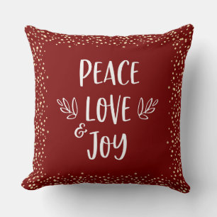 Red Peace Love Joy Script Gold Foil Dots Modern Throw Pillow