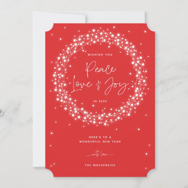 Red Peace Love+Joy Sparkling Lights Christmas Holiday Card (Front)
