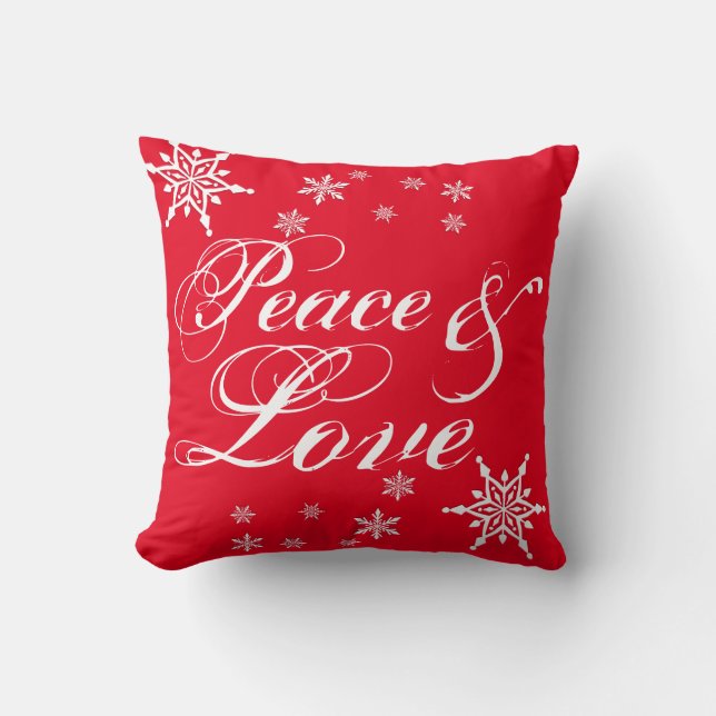 Red "Peace & Love " White Script Snow Flakes Throw Pillow (Front)