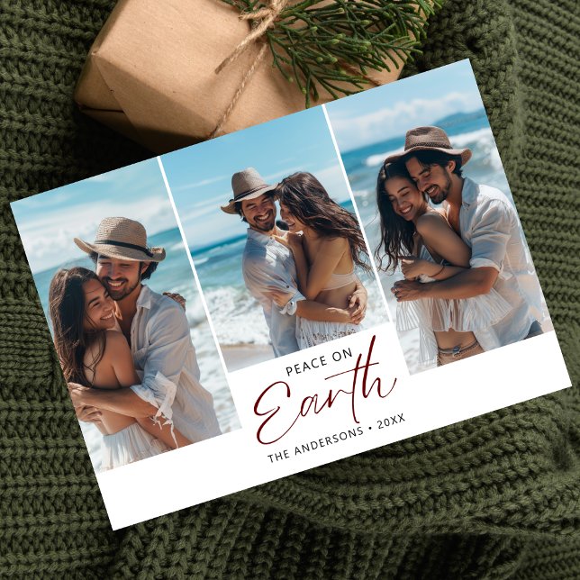 Red Peace On Earth Couple Beach Photo Christmas Holiday Card (Creator Uploaded)
