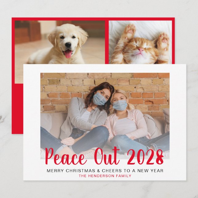 Red Peace Out Christmas New Year Photos Holiday Card (Front/Back)