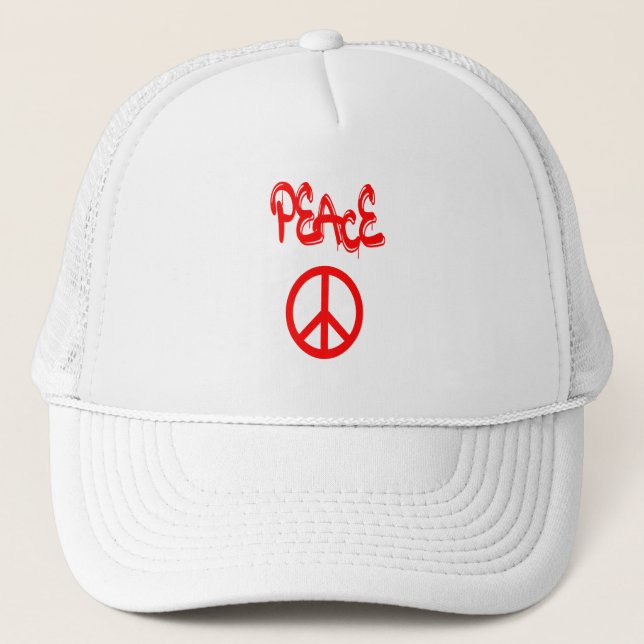 Red Peace Sign with Peace Spelled Out in Graffiti Trucker Hat (Front)