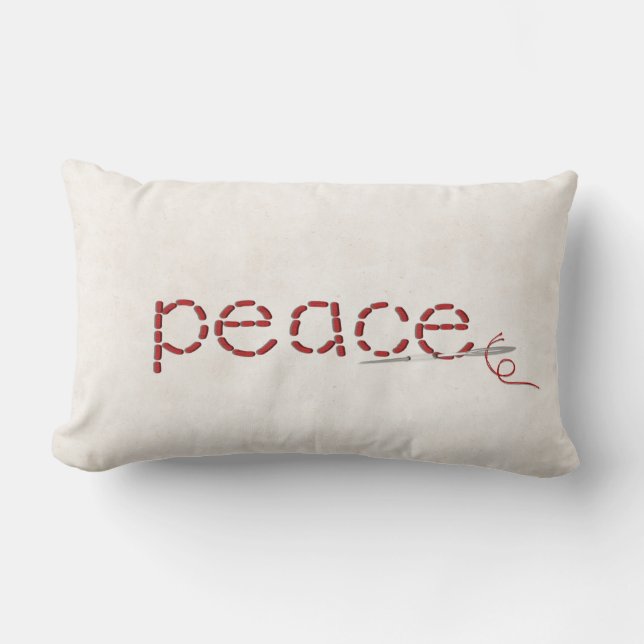 red PEACE text stitch with needle Lumbar Pillow (Front)