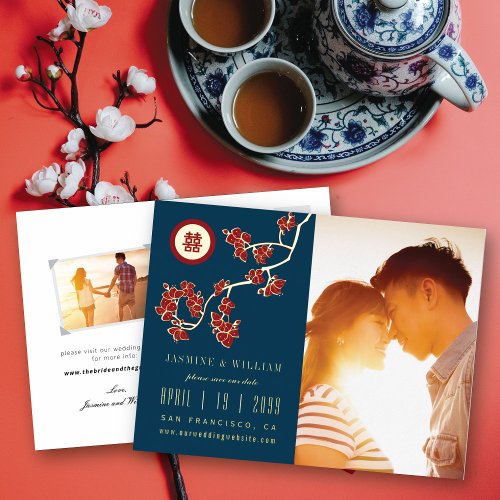 Red Peach Blossoms Double Xi Photo Save The Date Foil Invitation Postcard