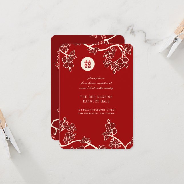 Red Peach Blossoms Double Xi Wedding Reception Invitation (Front/Back In Situ)