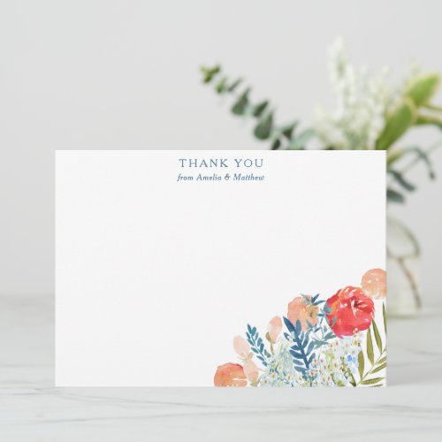 Red Peach Blue Watercolor Floral Personalized Name Thank You Card