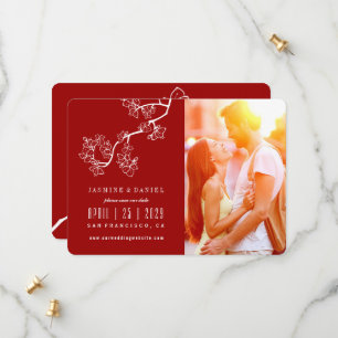 Red Peach/Plum Blossom Flowers Asian Wedding Photo Save The Date