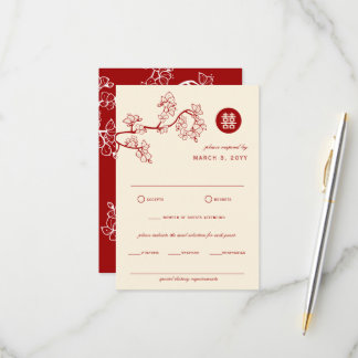 Red Peach/Plum Blossom Flowers Chic Asian Wedding RSVP Card