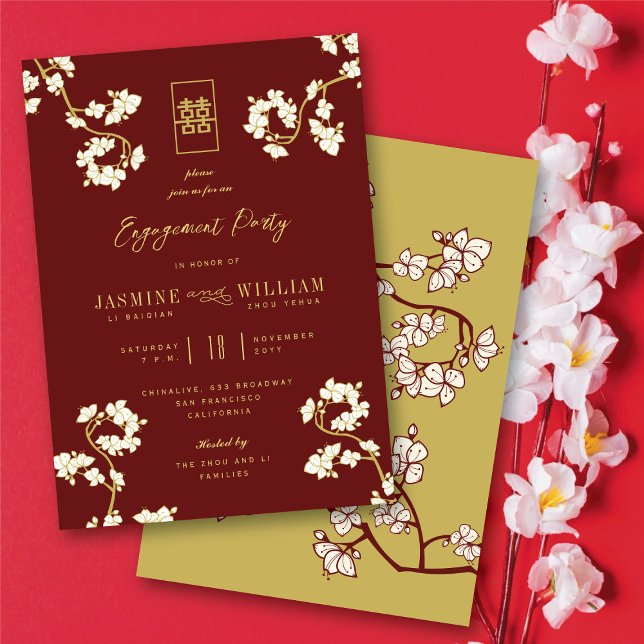 Red Peach/Plum Blossoms Chic Floral Asian Wedding Invitation (Burgundy Red Peach/Plum Blossoms Chic Floral Asian Engagement Party Invitation @ fatfatin_red_knot)