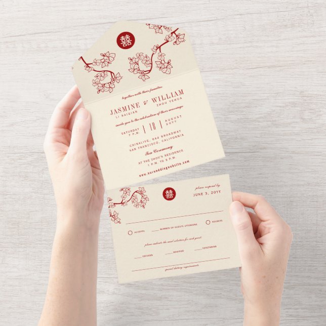 Red Peach/Plum Blossoms Chinese Double Happiness All In One Invitation (Tearaway)