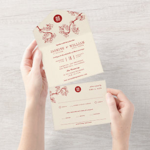 Red Peach/Plum Blossoms Chinese Double Happiness All In One Invitation