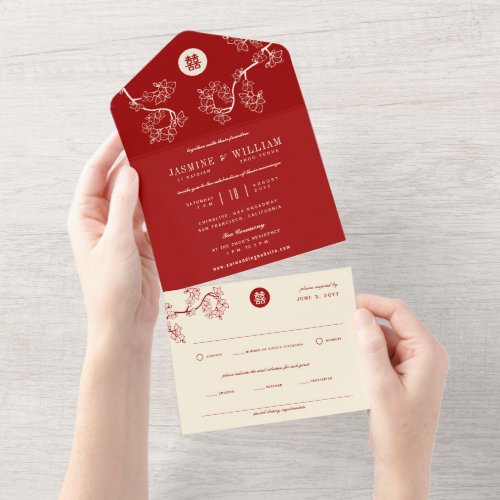 Red PeachPlum Blossoms Chinese Double Happiness All In One Invitation