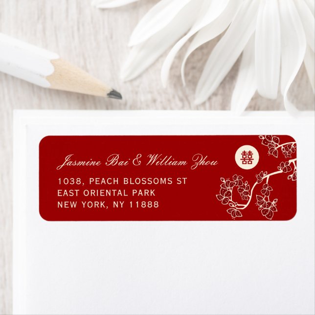Red Peach/Plum Blossoms Double Happiness Address Label (Insitu)