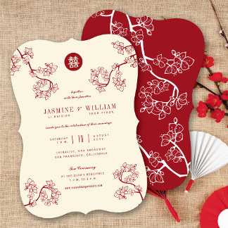 Red Peach/Plum Blossoms Double Happiness Wedding Invitation