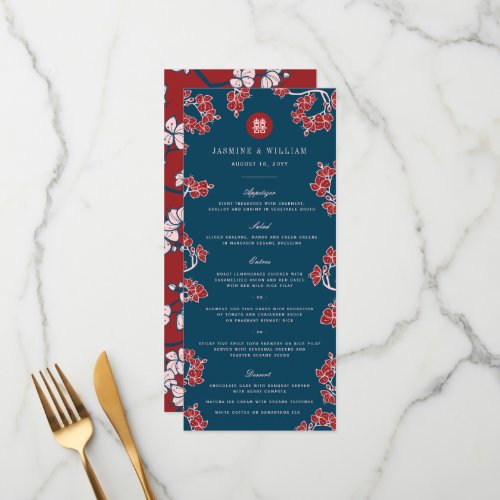 Red PeachPlum Blossoms Double Happiness Wedding Menu