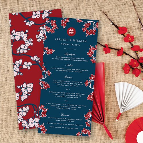 Red PeachPlum Blossoms Double Happiness Wedding Menu