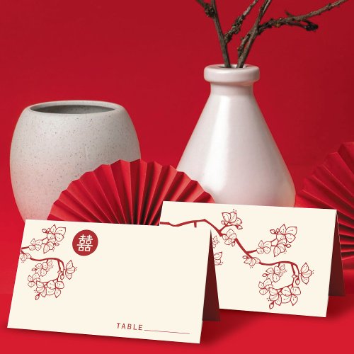 Red PeachPlum Blossoms Double Happiness Wedding Place Card