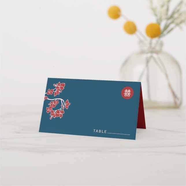 Red Peach/Plum Blossoms Double Happiness Wedding Place Card (Front)