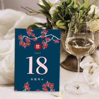 Red Peach/Plum Blossoms Double Happiness Wedding Table Number
