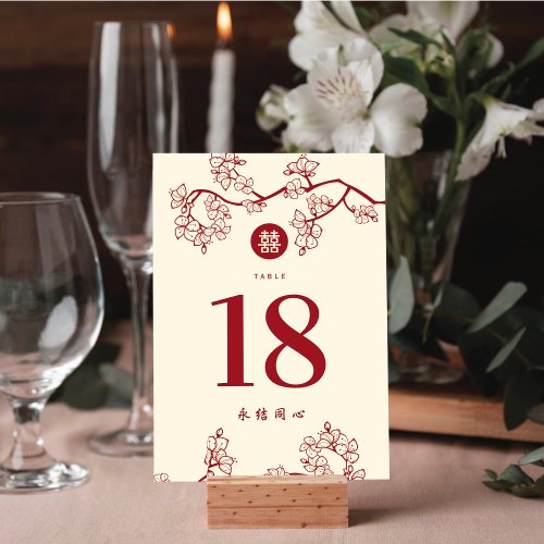 Red PeachPlum Blossoms Double Happiness Wedding Table Number