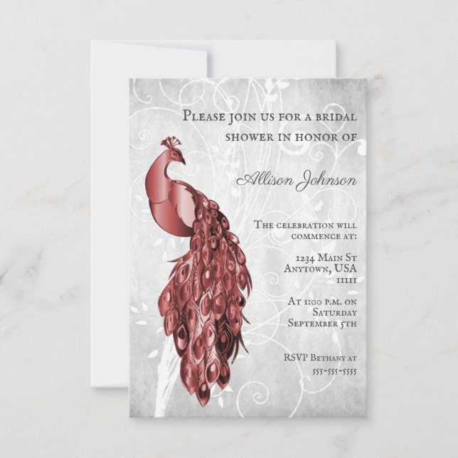Red Peacock Bridal Shower Invitation (Front)