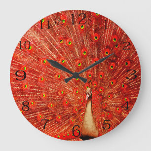 Red Peacock Displaying His Red Feathers, Large Clock