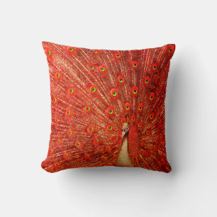 Red Peacock Displaying His Red Feathers, Throw Pillow